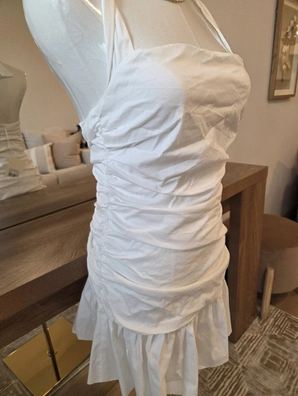 White Halter Ruffle Hem Mini Dress - Picture 2 of 4